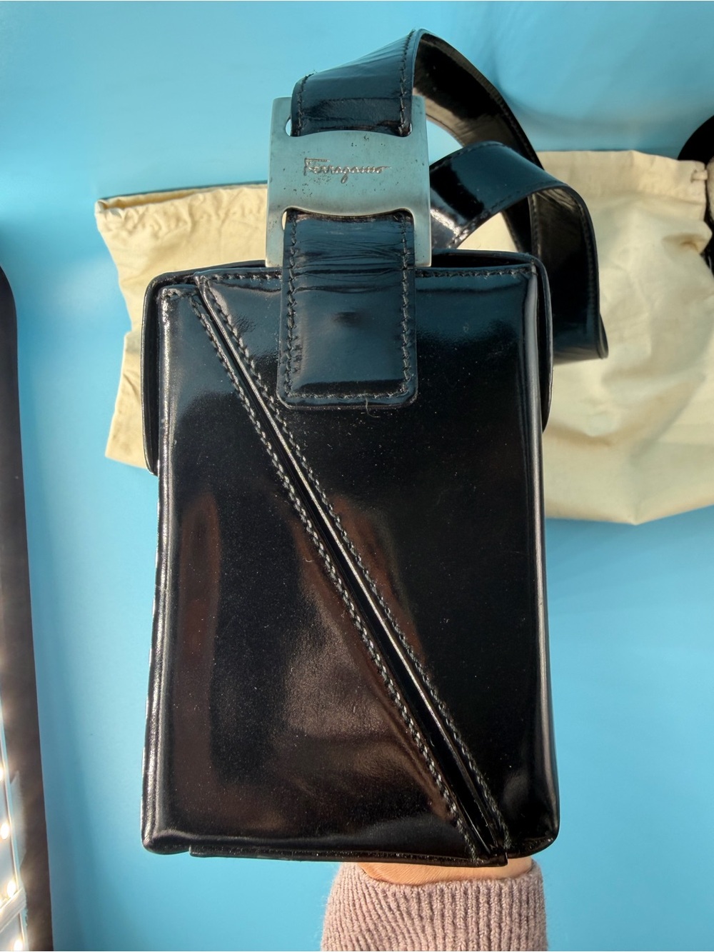 Salvatore Ferragamo Black Patent Leather Box Shoulder Bag Vintage 90s - Picture 10 of 12